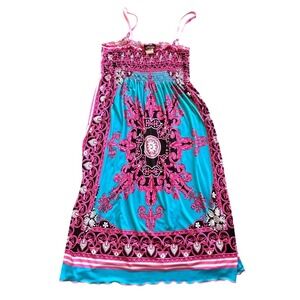 De Colores y2k Boho Smocked Medallion Print Sundress‎ Pink Turquoise Mini Dress